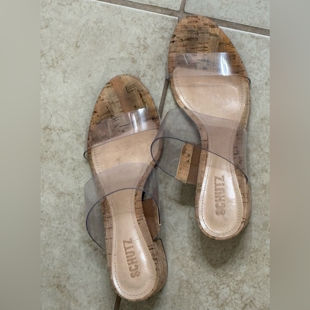 SCHUTZ Clear Strap Cork Slide Sandals in Natural/Tan